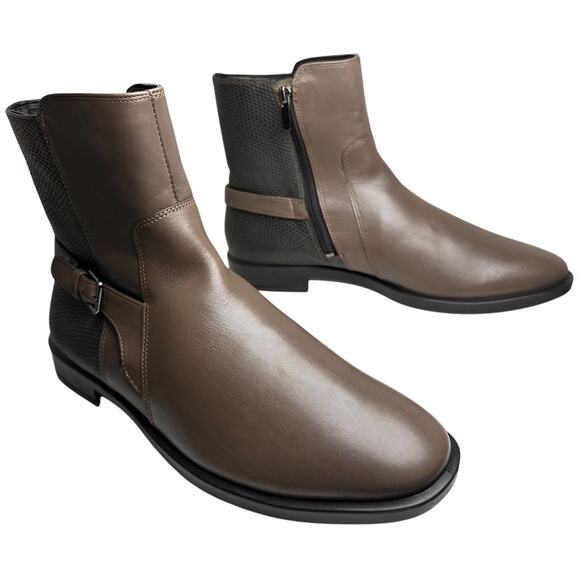 Ecco Side Zip Leather 2 Toned Chelsea Buckle Ankle Booties Women Sz 9 Fisherman - Picture 8 of 13